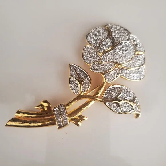 Nolan‎ Miller Brooch Large Pave Rhinestone Rose Flower Glamour Collection IOB